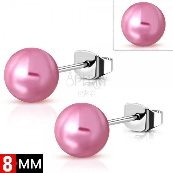 Čelične naušnice srebrne boje sa ružičastom perlom, 8 mm