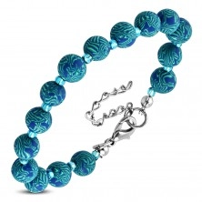 Plava narukvica, veće FIMO loptice sa uzorkom i male prozirne perle