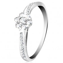 14K prsten od bijelog zlata - svjetlucavi cvijet sa prozirnim cirkonima, ukrašeni krakovi