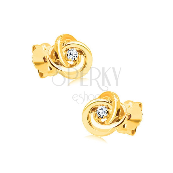 585 dijamantne naušnice od žutog zlata - čvor od tri obruča, prozirni brilijant