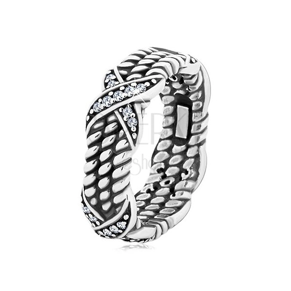 925 srebrni patinirani prsten, motiv uvrnutog užeta, križevi sa cirkonima
