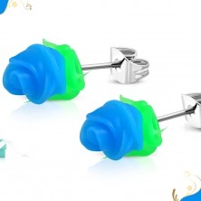 Čelične dugme naušnice, plava silikonska ruža sa zelenim lišćem