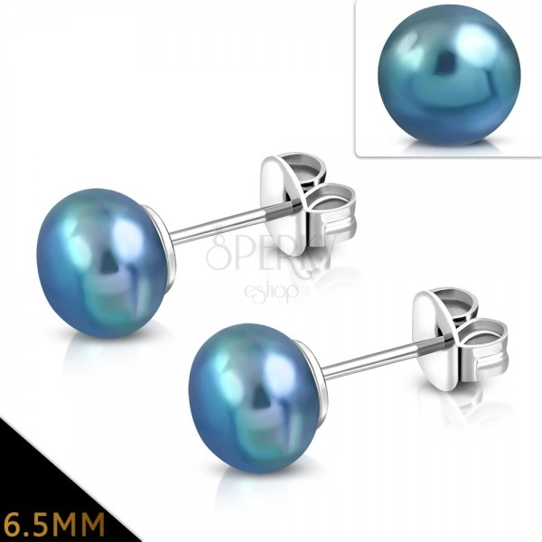 316L čelične naušnice srebrne boje sa plavo sivim sedefastim lopticama, 6,5 mm