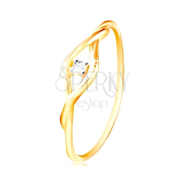 585 zlatni prsten - okrugli prozirni cirkon između dva tanka vala