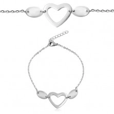 Čelična narukvica srebrne boje, ovalne karike, dva ovala i silueta srca