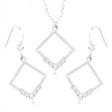 Set naušnice i ogrlica - 925 srebro, silueta romba, prozirni cirkoni, usjeci