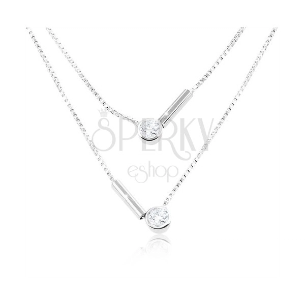 925 srebrna ogrlica, dvostruki lančić, okrugli prozirni cirkoni i štapići