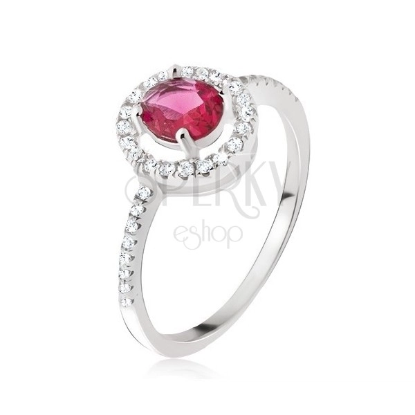 Srebrni 925 prsten - okrugli crveno-ružičasti cirkon, prozirni rub
