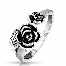 316L čelični prsten srebrne boje, dvije patinirane ruže
