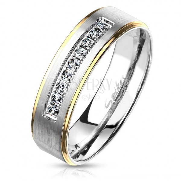 Dvobojni čelični prsten, srebrna i zlatna boja, prozirni cirkoni, 6 mm