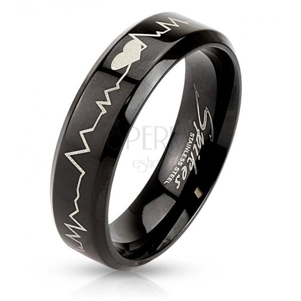 Prsten od nehrđajućeg čelika crne boje - srce i kardiogram, 6 mm
