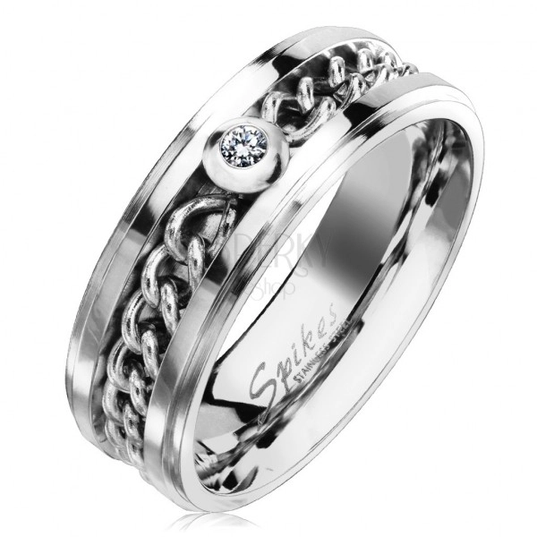 Čelični prsten srebrne boje sa lančićem i prozirnim cirkonom, 7 mm