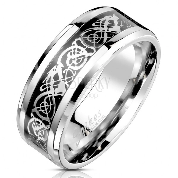 Čelični prsten sa ornametskim motivom srebrne i crne boje, 8 mm 