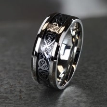 Čelični prsten sa ornametskim motivom srebrne i crne boje, 8 mm 