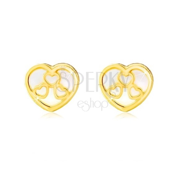 Žute 14K zlatne dugme naušnice – srce sa prirodnim sedefom i prorezima