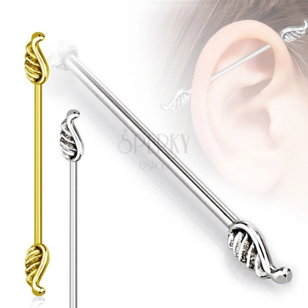 Piercing za uho od nehrđajućeg čelika - dulja šipkica sa krilima, 1,6 mm