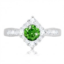 925 srebrni prsten - prozirni cirkonski romb, okrugli zeleni cirkon