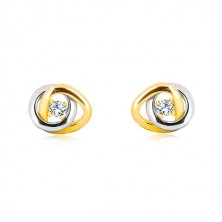 585 zlatne naušnice - dvobojni međusobno povezani prsteni, prozirni svjetlucavi cirkoni