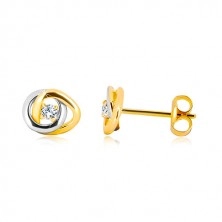 585 zlatne naušnice - dvobojni međusobno povezani prsteni, prozirni svjetlucavi cirkoni