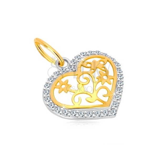14K zlatni privejsak - silueta srca sa cirkonima, dekorativno urezana sredina