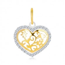 14K zlatni privejsak - silueta srca sa cirkonima, dekorativno urezana sredina