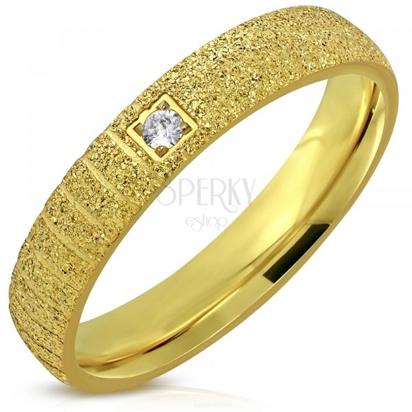 Sjajni čelični prsten zlatne boje - pjeskarena površina, usjeci, cirkon, 4 mm