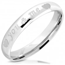 Sjajni prsten od 316L čelika - natpis "you & me", dva simetrična srca, 3,5 mm
