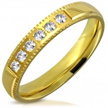 Čelični prsten zlatne boje - dekorativni rubovi, šest cirkona, 4 mm