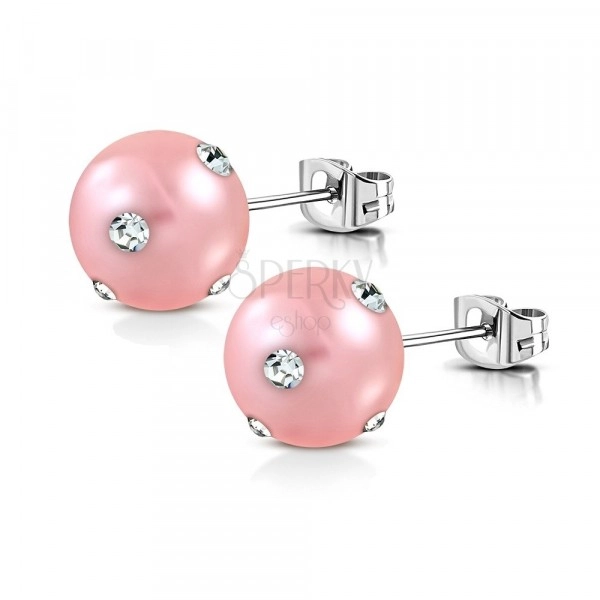 Naušnice od nehrđajućeg čelika - umjetna akrilna perla ružičaste boje, cirkoni