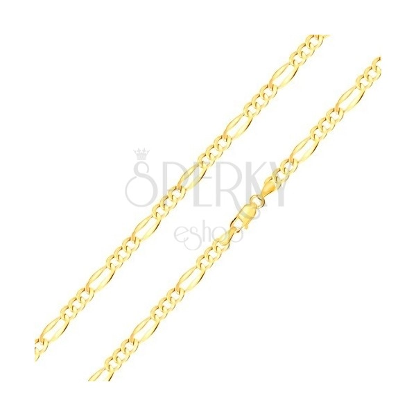 585 zlatna narukvica – duguljasta karika sa proširenim rubovima, tri ovalne karike, 210 mm