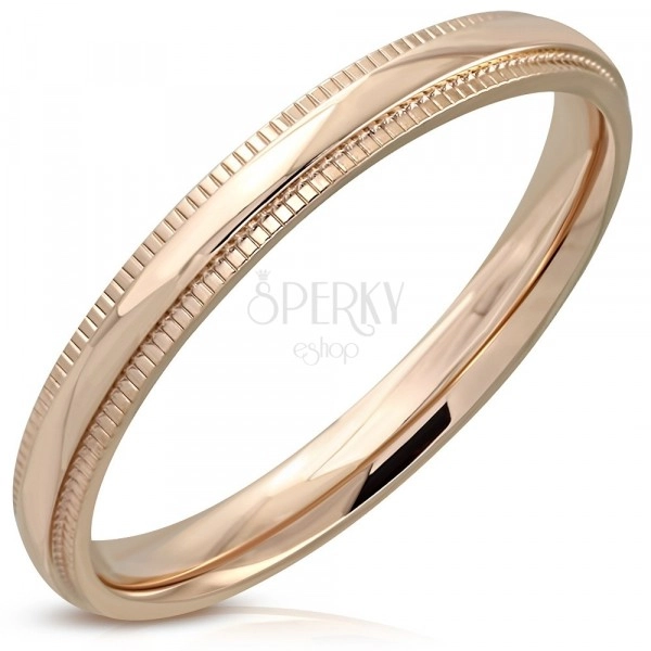 Prsten od nehrđajućeg čelika bakrene boje - zrcalno sjajna traka, uvučeni rubovi, 3 mm