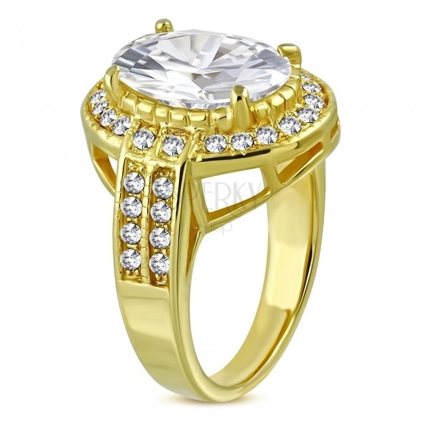Čelični prsten zlatne boje - ovalni cirkon u postolju, mali cirkoni