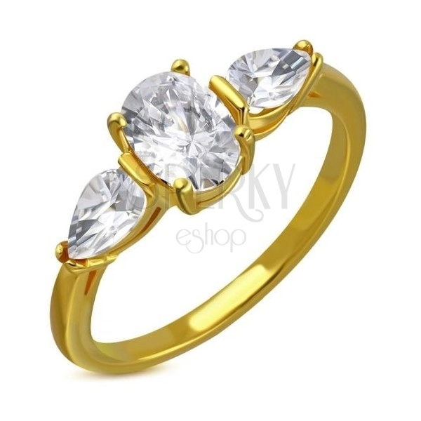 Čelični prsten zlatne boje - prozirni svjetlucavi cirkoni, cirkonske suze