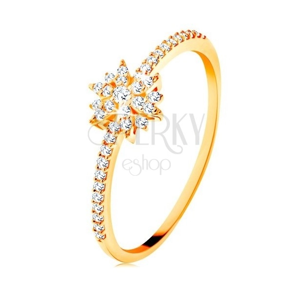 Prsten od 9K žutog zlata - svjetlucavi cvijet od prozirnih cirkona, blistavi krakovi