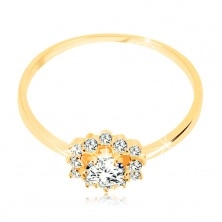 Prsten od 9K žutog zlata - prozirno cirkonsko sunce, sjajni uski krakovi