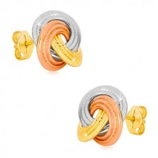 14K kombinirane zlatne naušnice - tri čvora u boji, širi prsteni s uzorkom