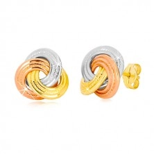 14K kombinirane zlatne naušnice - tri čvora u boji, širi prsteni s uzorkom