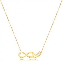 Žuta 585 zlatna ogrlica - fini lančić, simbol beskonačnosti, natpis MOM