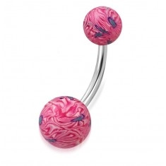 Piercing za pupak - ružičasto bijele FIMO loptice sa apstraktnim motivom