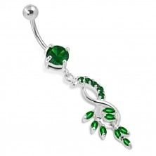 Čelični piercing za pupak - grozd, viseća osmica, cirkoni smaragdno zelene boje
