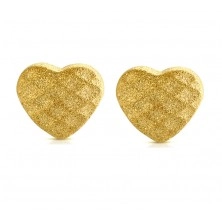 Čelične naušnice zlatne boje - simetrično pjeskareno srce, mreža, dugmad