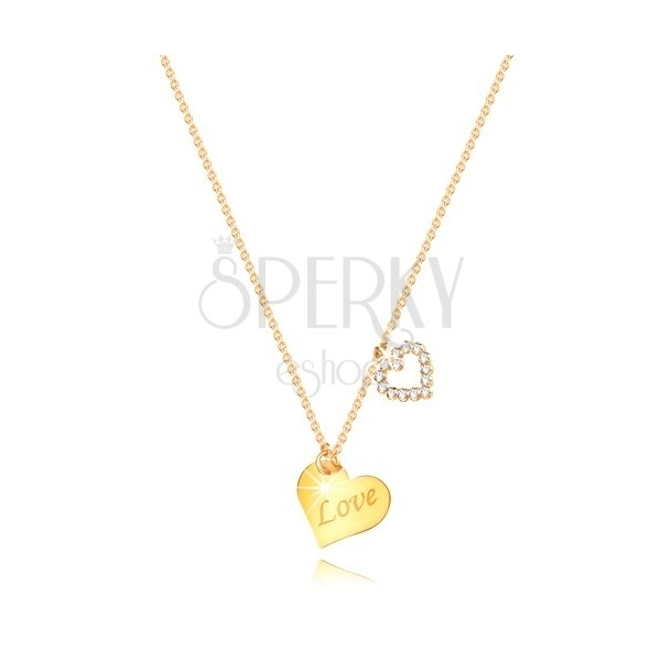 9K ogrlica od žutog zlata - srce sa natpisom "Love", silueta srca sa cirkonima
