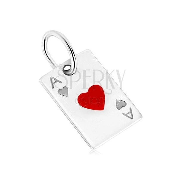 925 srebrni privjesak - motiv igrače karte, as srce i glazura crvene boje
