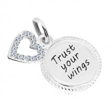 925 srebrni privjesak - krug sa natpisom "Trust your wings", silueta srca sa cirkonima
