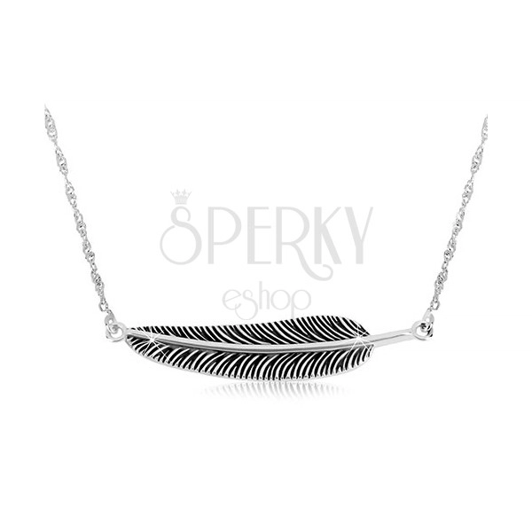 925 srebrna ogrlica - spiralni lančić i patinirano pero