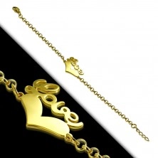 Čelična narukvica zlatne boje - simetrično srce i natpis "Love", lančić sa okruglim karikama