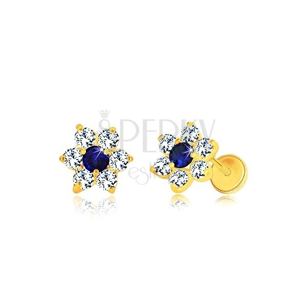 585 zlatne naušnice - prozirni cirkonski cvijet sa safirno plavom sredinom, vijak