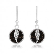 925 srebrne naušnice - krug sa krilom anđela, glazura crne boje s uzorkom mramora