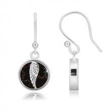 925 srebrne naušnice - krug sa krilom anđela, glazura crne boje s uzorkom mramora