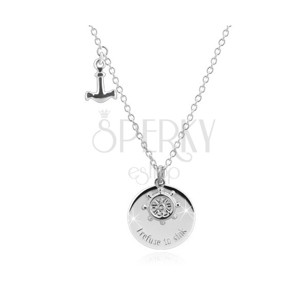 925 srebrna ogrlica - sidro, brodsko kormilo, sjajni krug sa natpisom "I refuse to sink"